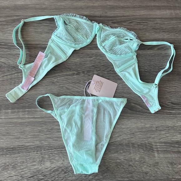 NWT Savage x Fenty lingerie - bra (34B) + panty (XS)- sheer turquoise lace pearl - Picture 11 of 12